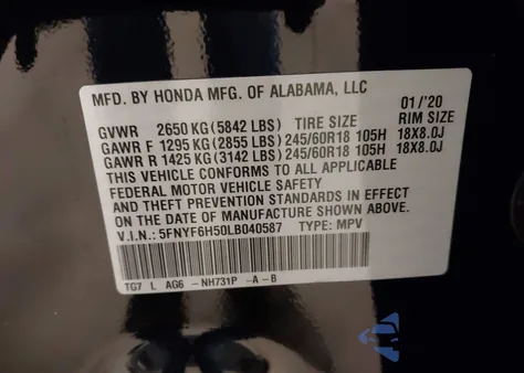 2020 Honda Pilot Awd Ex-L z USA, uszkodzony, nr VIN 5FNYF6H50LB040587